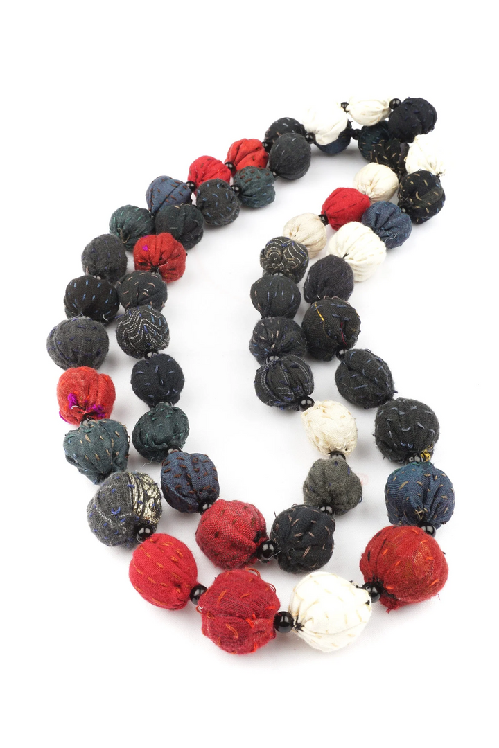 COTTON SILK MIX PATCH KANTHA SMALL NUTS LONG NECKLACE - mx2706-blk -