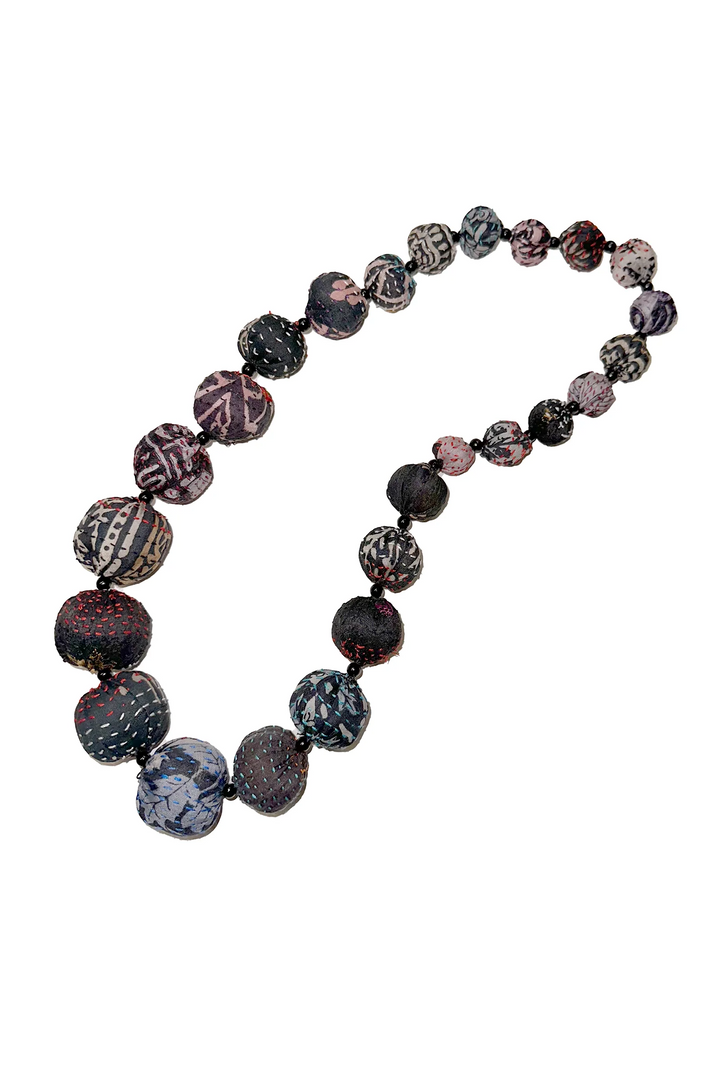 VINTAGE SILK KANTHA NUTS MEDIUM NECKLACE - sv2701-blk -