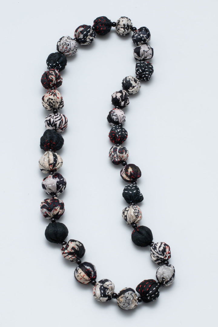 VINTAGE SILK KANTHA SMALL NUTS MEDIUM NECKLACE - sv2705-blk -