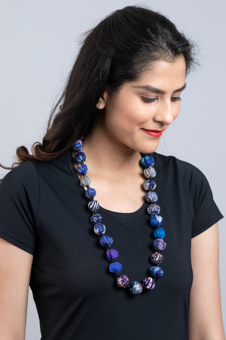 VINTAGE SILK KANTHA SMALL NUTS MEDIUM NECKLACE - sv2705-blu -