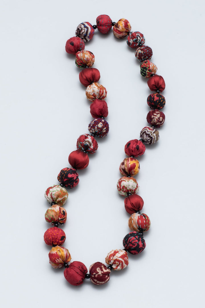 VINTAGE SILK KANTHA SMALL NUTS MEDIUM NECKLACE - sv2705-red -