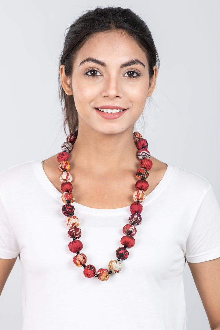 VINTAGE SILK KANTHA SMALL NUTS MEDIUM NECKLACE - sv2705-red -