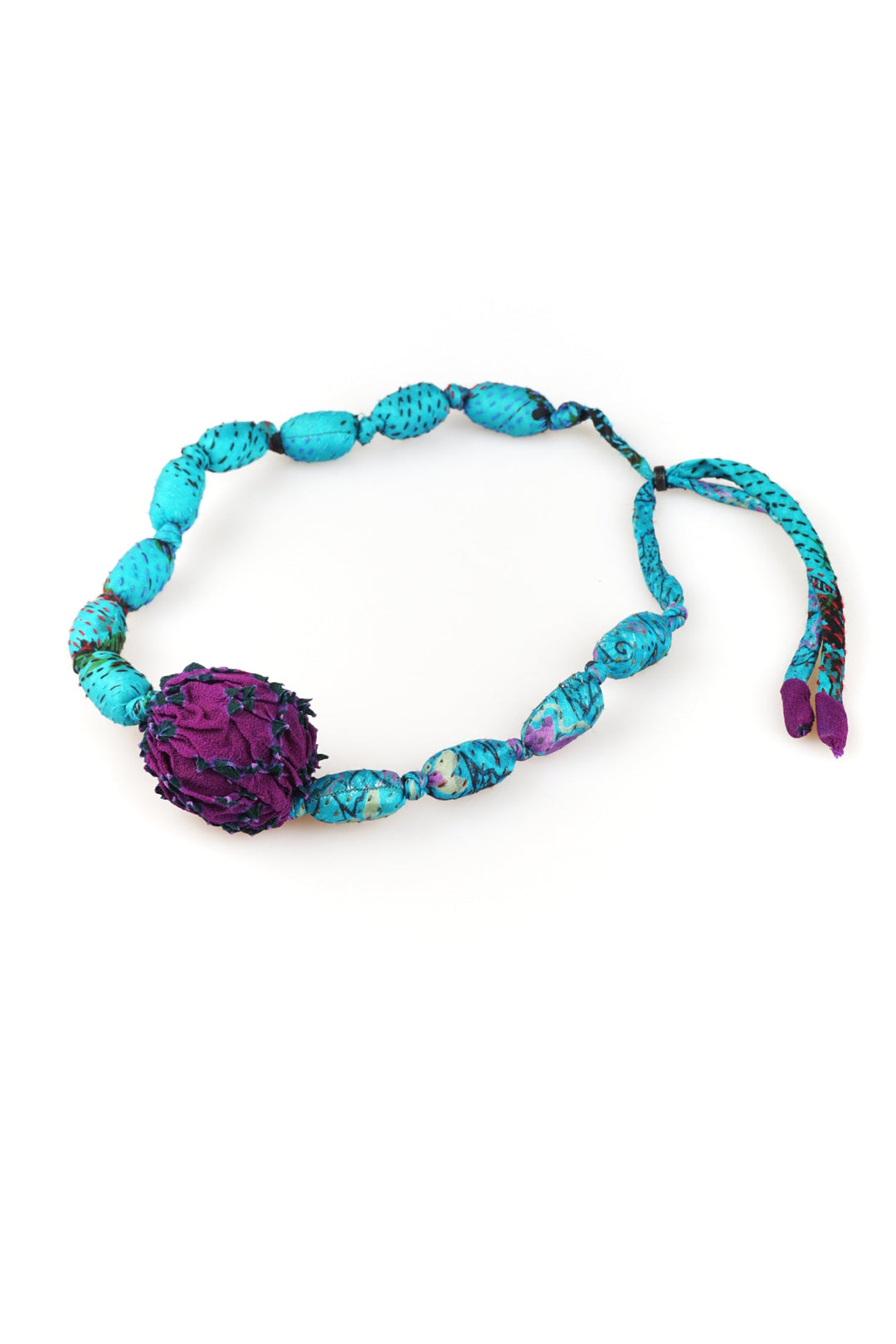 VINTAGE SILK KANTHA SEA URCHIN SHORT NECKLACE - sv2708-tuq -