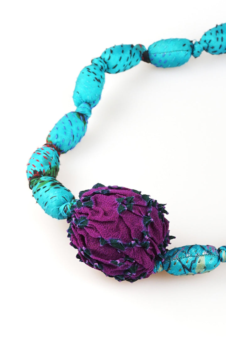 VINTAGE SILK KANTHA SEA URCHIN SHORT NECKLACE - sv2708-tuq -