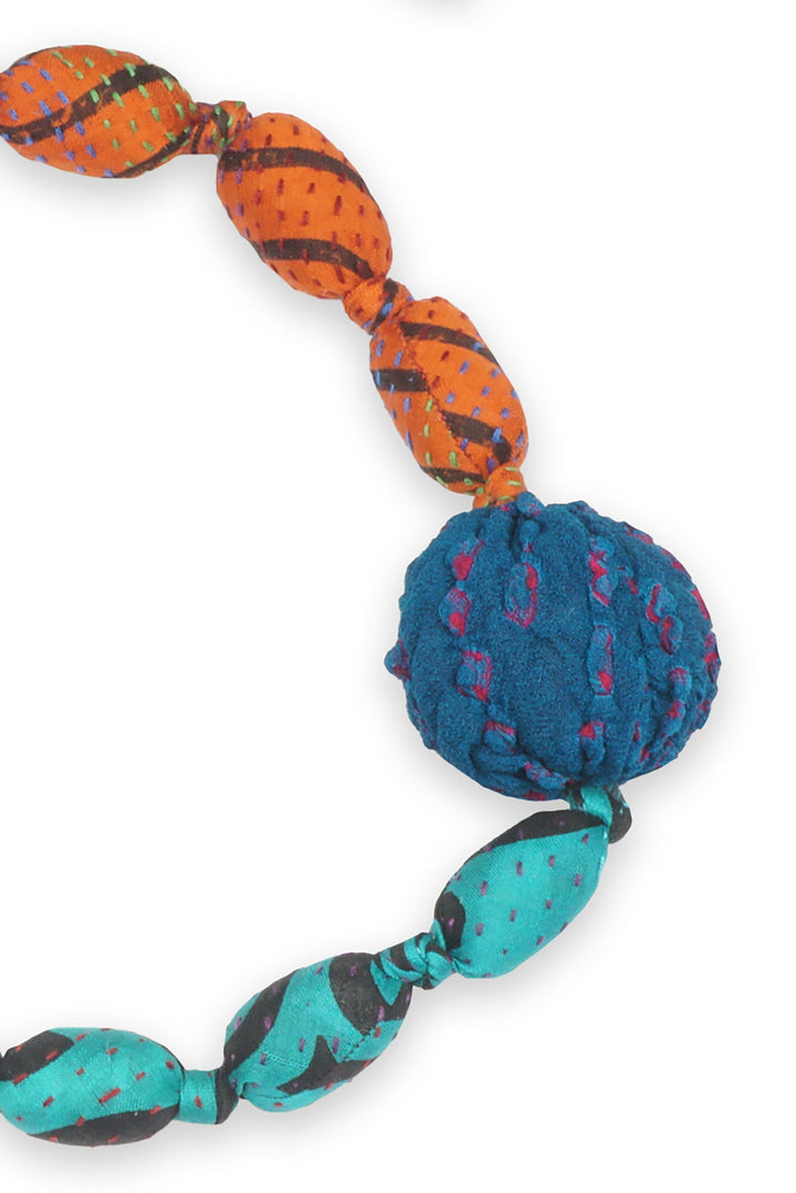 VINTAGE SILK KANTHA SEA URCHIN SHORT NECKLACE - sv2708-tuq -