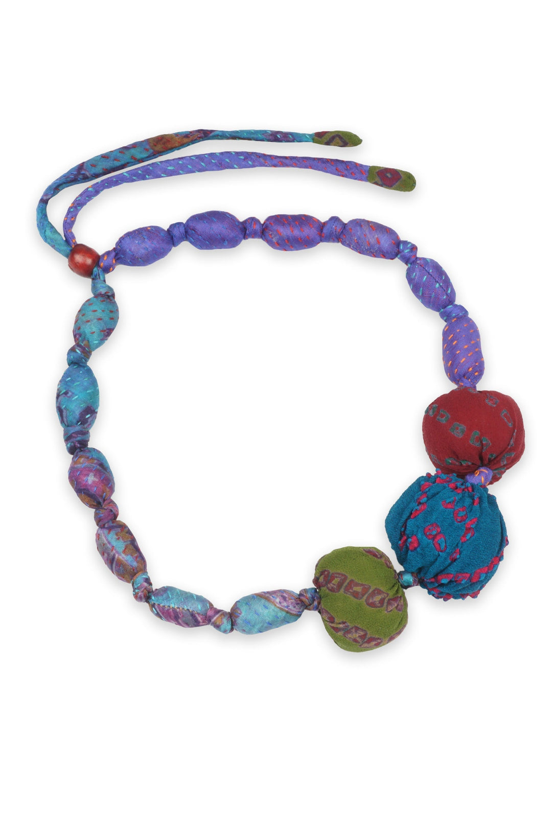 VINTAGE SILK KANTHA 3 SEA URCHIN NECKLACE - sv2711-blu -