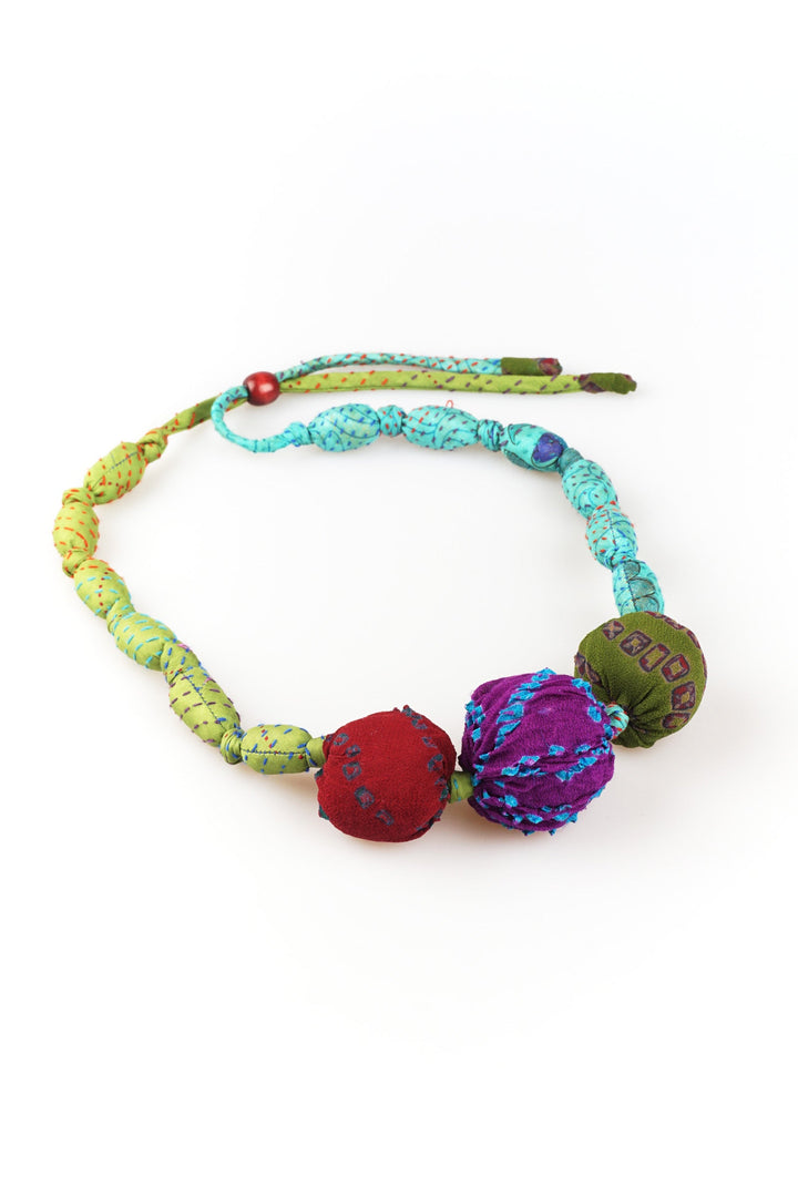 VINTAGE SILK KANTHA 3 SEA URCHIN NECKLACE - sv2711-grn -