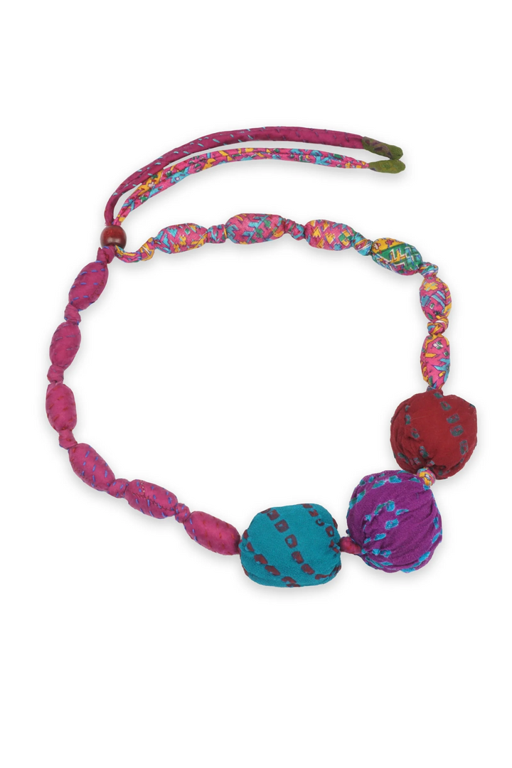 VINTAGE SILK KANTHA 3 SEA URCHIN NECKLACE - sv2711-pik -