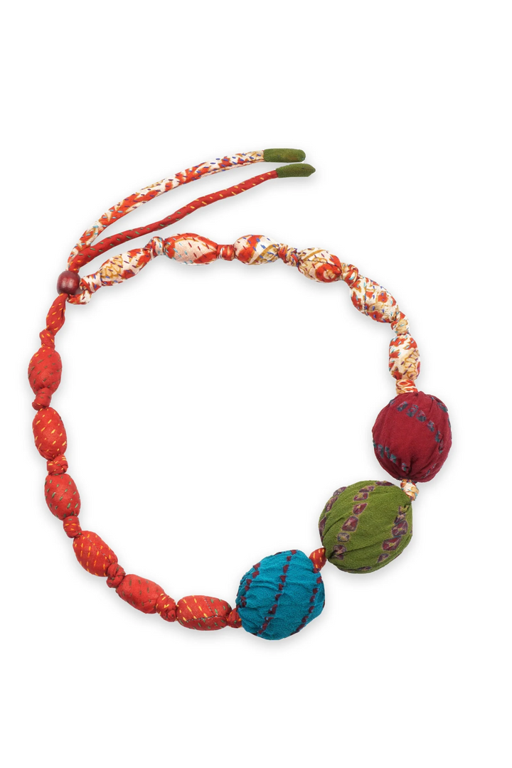 VINTAGE SILK KANTHA 3 SEA URCHIN NECKLACE - sv2711-red -