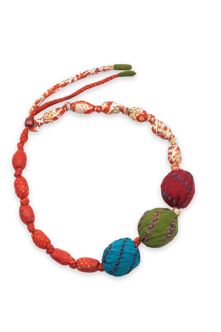 VINTAGE SILK KANTHA 3 SEA URCHIN NECKLACE - sv2711-red -