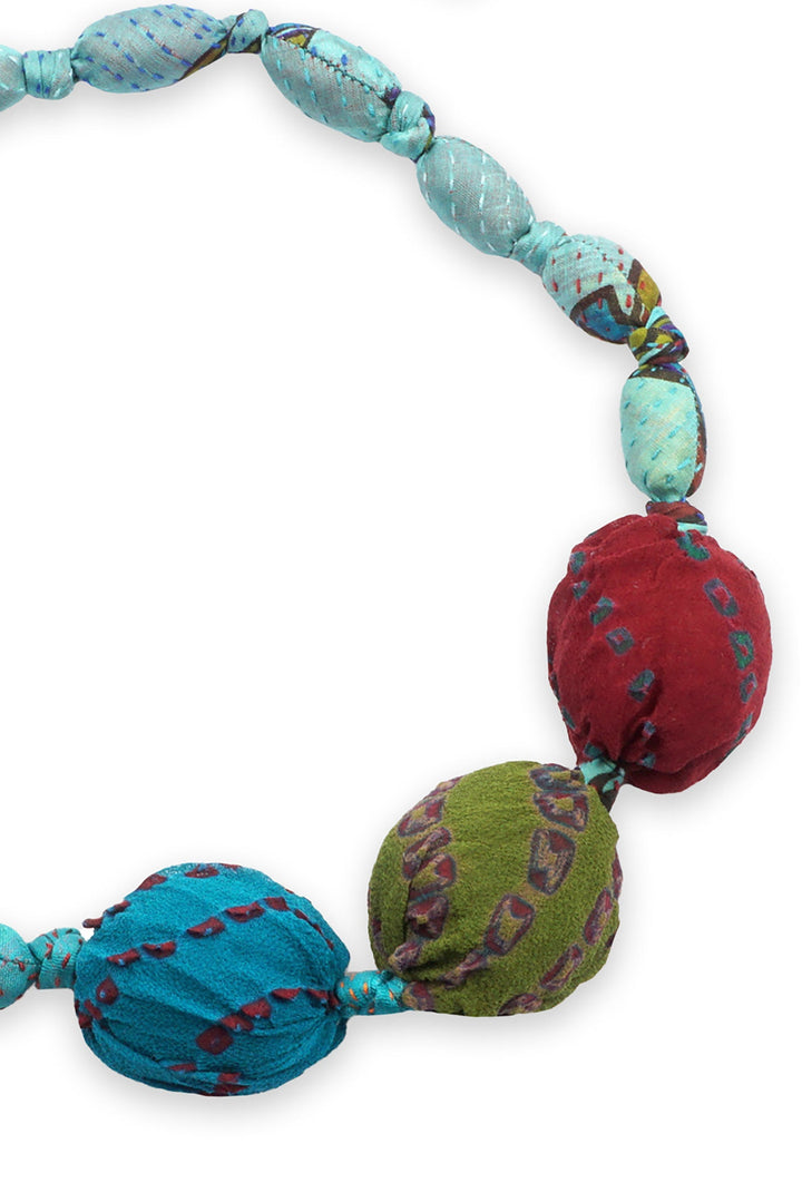 VINTAGE SILK KANTHA 3 SEA URCHIN NECKLACE - sv2711-tuq -