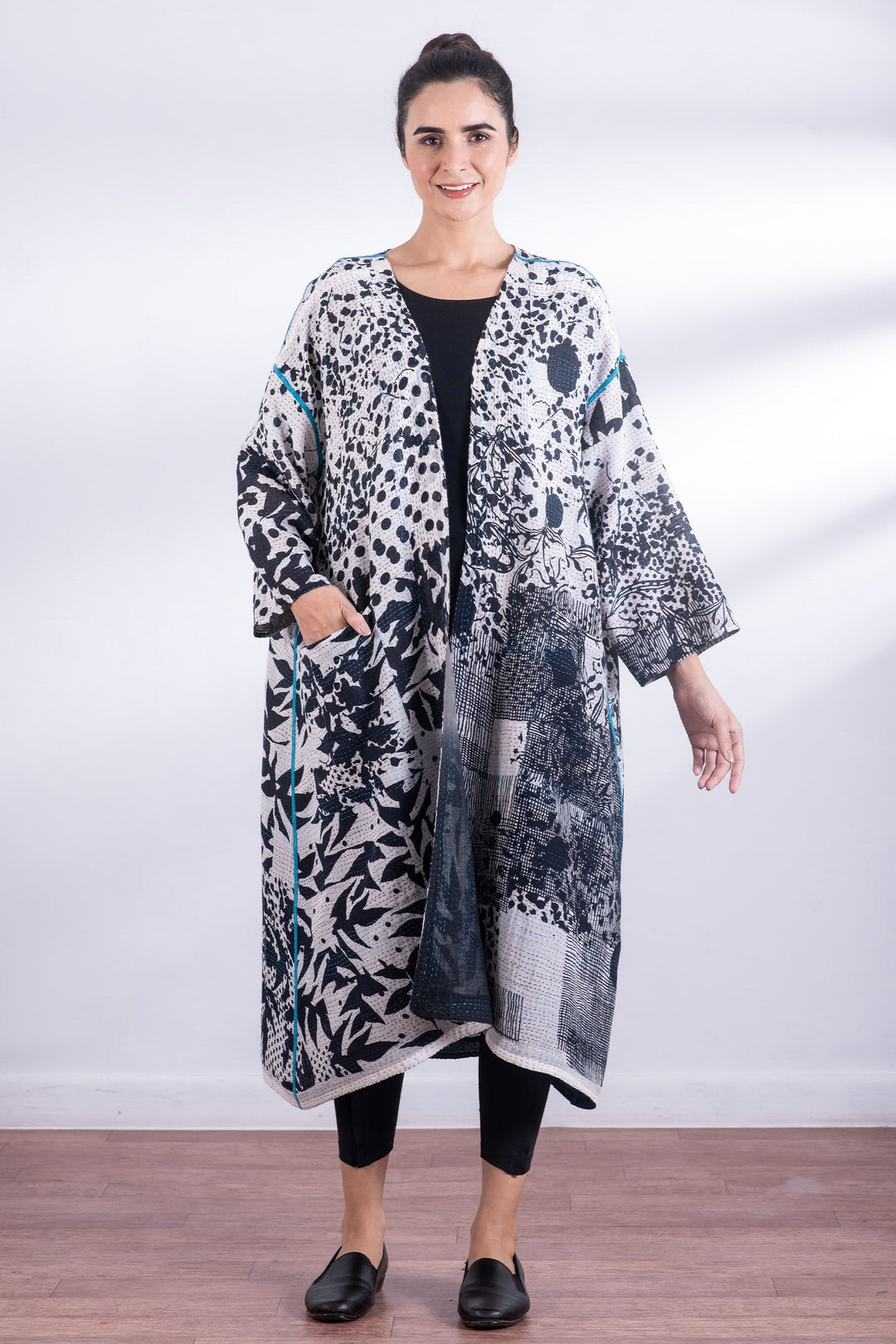 MONOTONE TWILIGHT PRINT KANTHA LONG DUSTER - tp2328-wht -