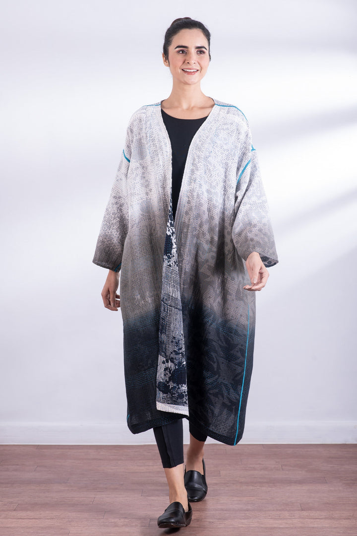 MONOTONE TWILIGHT PRINT KANTHA LONG DUSTER - tp2328-wht -