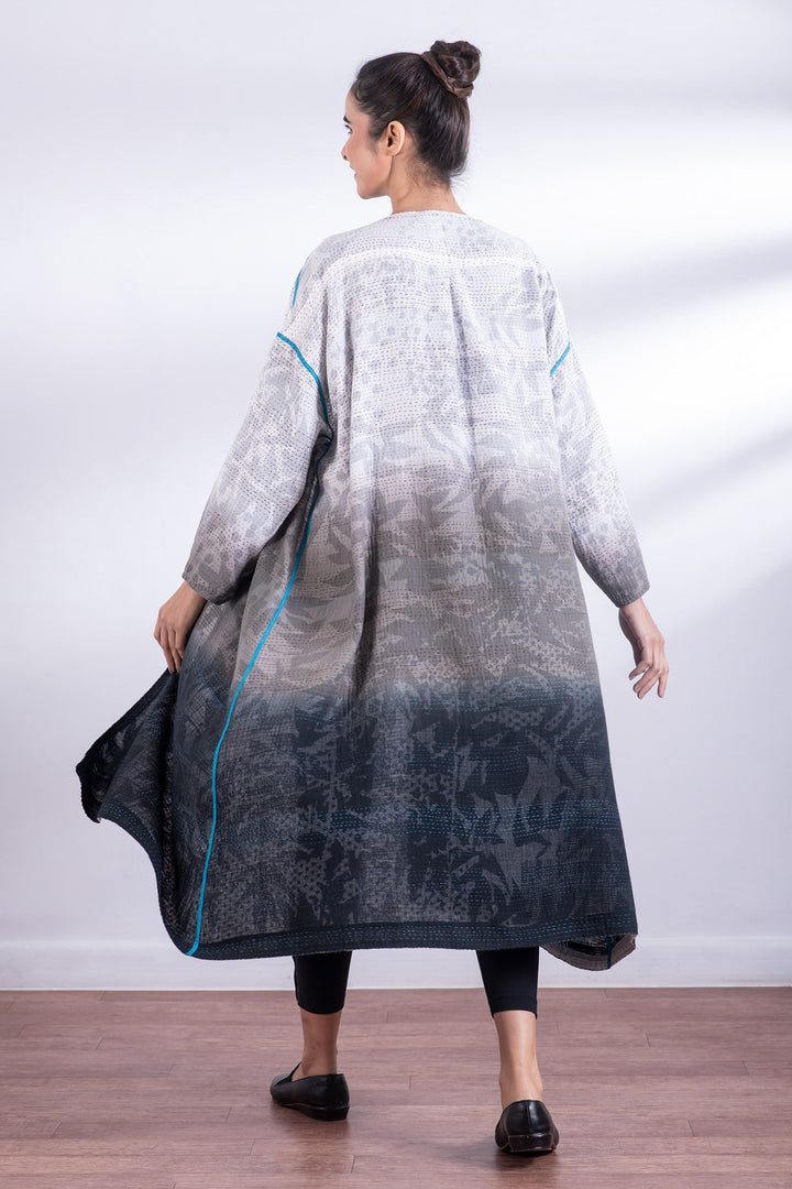 MONOTONE TWILIGHT PRINT KANTHA LONG DUSTER - tp2328-wht -