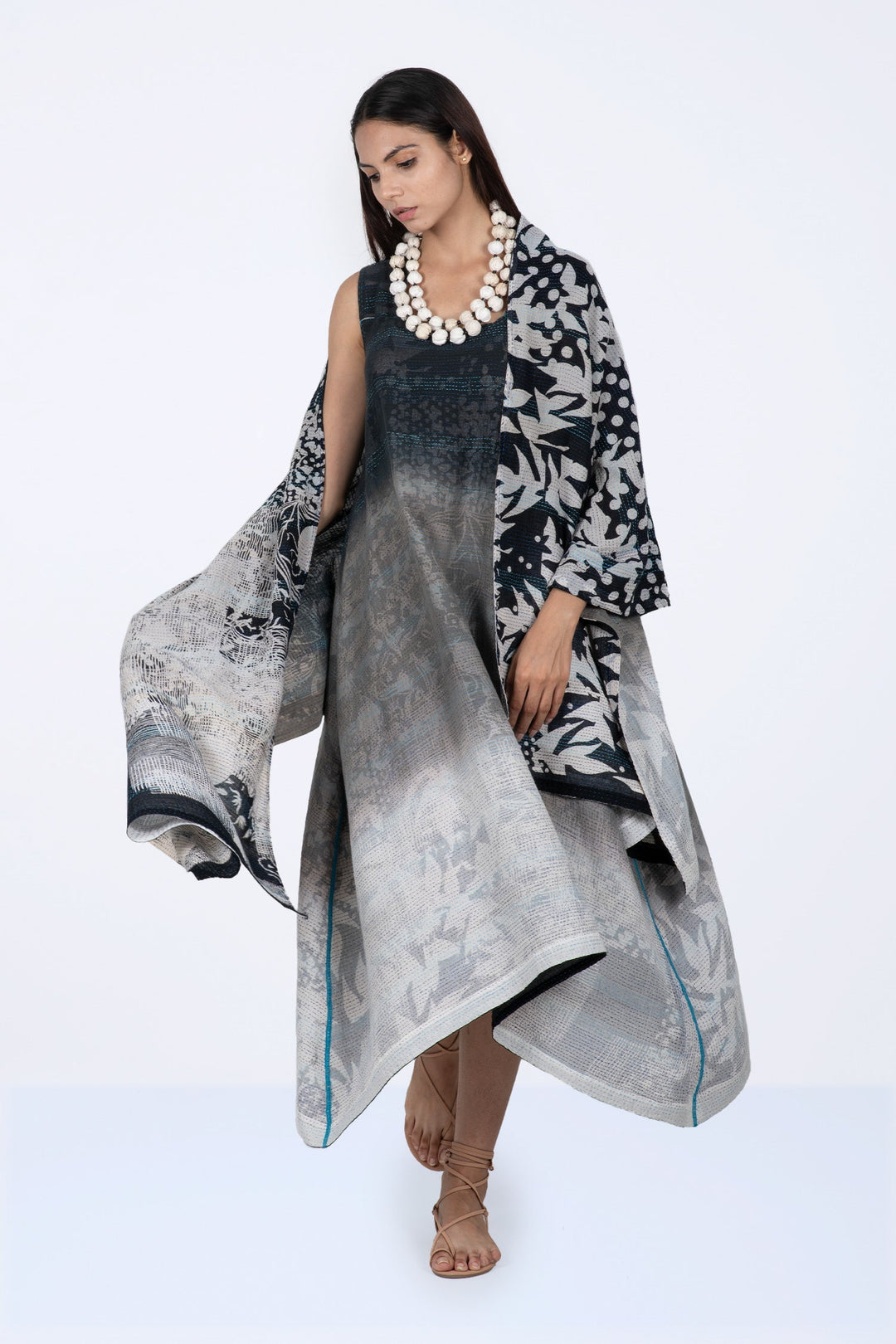 MONOTONE TWILIGHT PRINT KANTHA TENT DRESS - tp2413-blk -