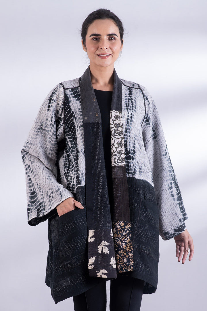 VINTAGE BOTTOM PRINT KANTHA A-LINE JKT - vb2003-blk -