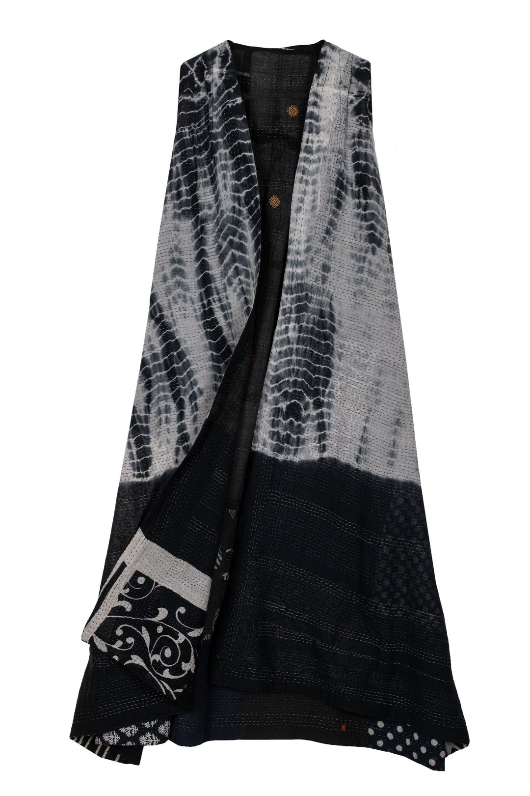 VINTAGE BOTTOM PRINT KANTHA BACK PLEATED VEST MAXI - vb2222-blk -