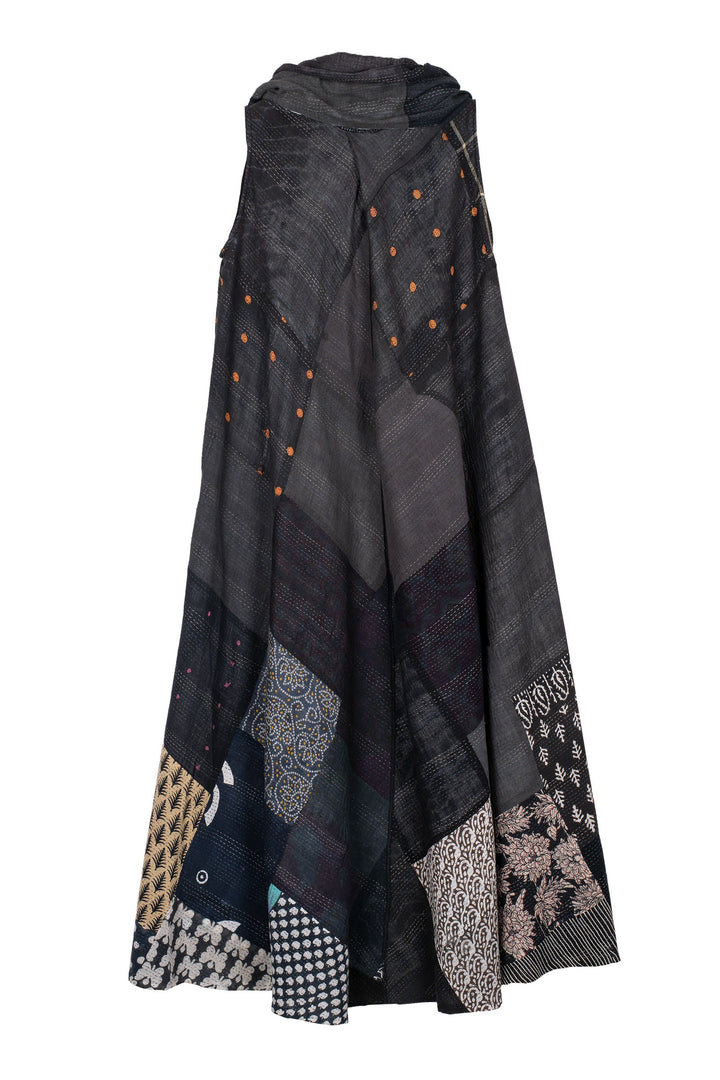 VINTAGE BOTTOM PRINT KANTHA COWL NECK MAXI DRESS - vb2438-blk -