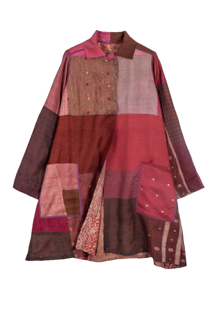 VINTAGE SILK PATCH KANTHA A-LINE DUSTER - vp2311-cor -