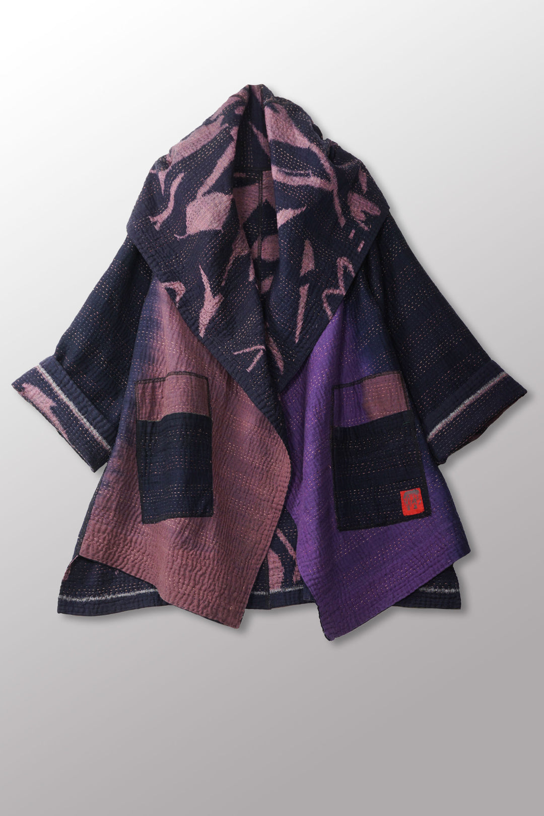 WOVEN HANDLOOM IKAT WITH OMBRE KANTHA HOODED A-LINE COAT - wh4341-prp -