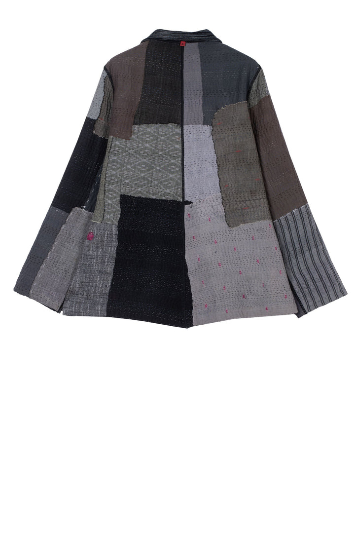 WOVEN IKAT & FRAYED PATCH KANTHA SIMPLE JKT - wk4022-gry -