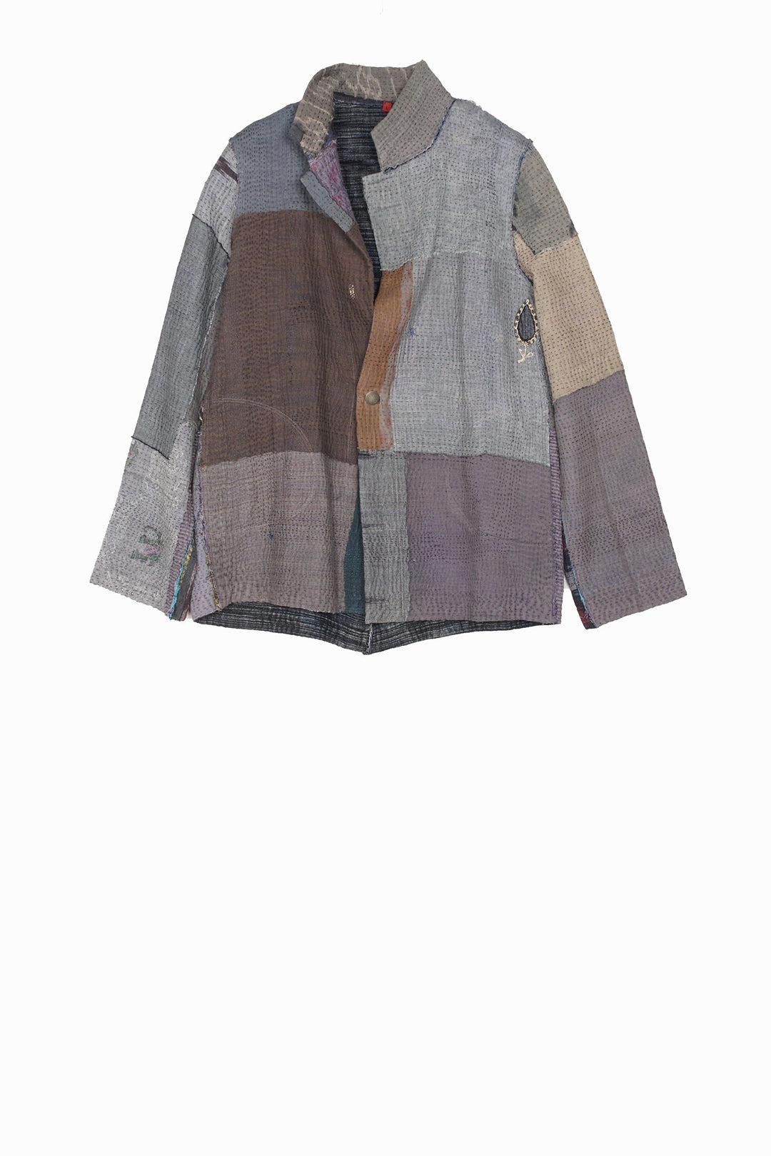 WOVEN IKAT & FRAYED PATCH KANTHA SIMPLE JKT - wk4022-gry -