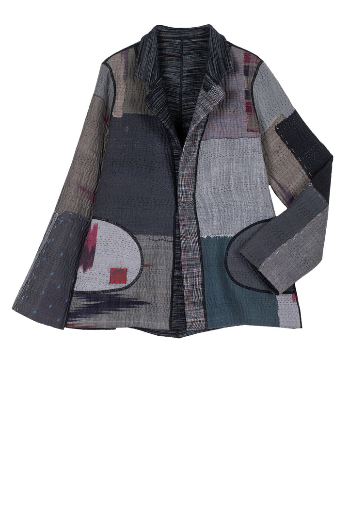 WOVEN IKAT & FRAYED PATCH KANTHA SIMPLE JKT - wk4022-gry -