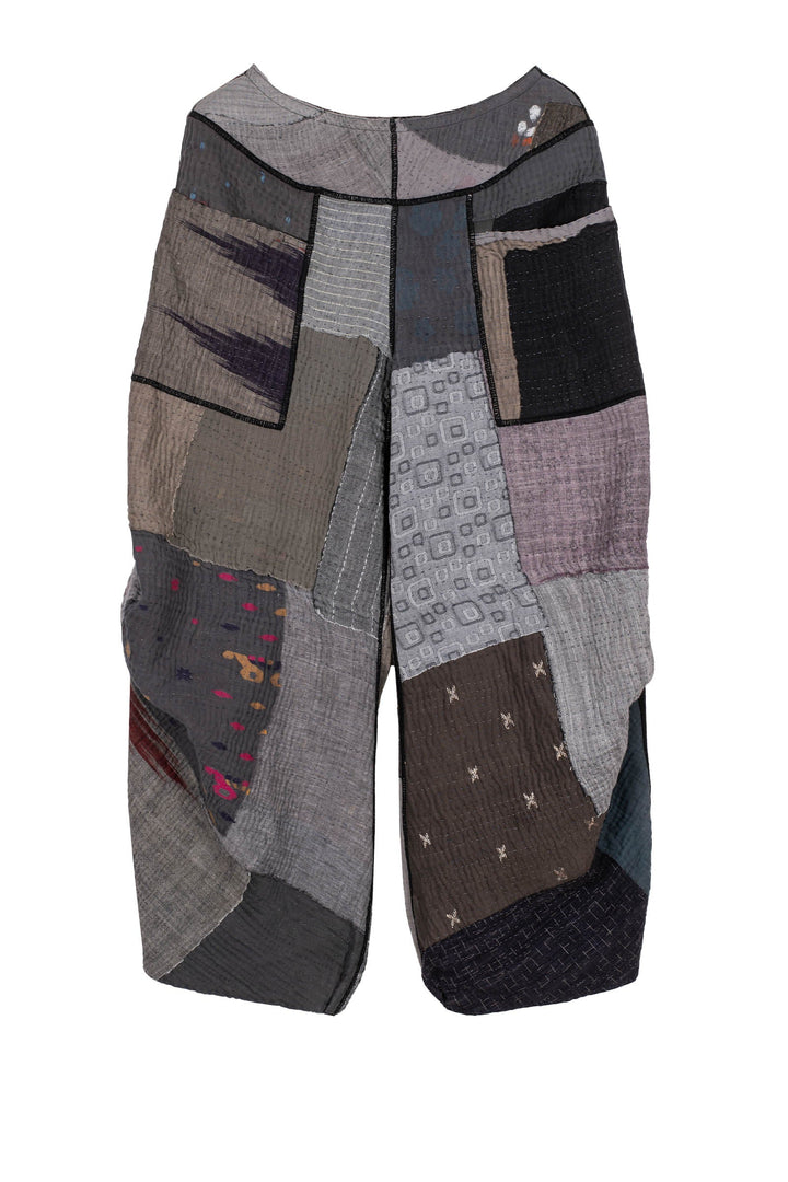 WOVEN IKAT & FRAYED PATCH KANTHA  KNEE TUCKED PANTS - wk4625-gry -