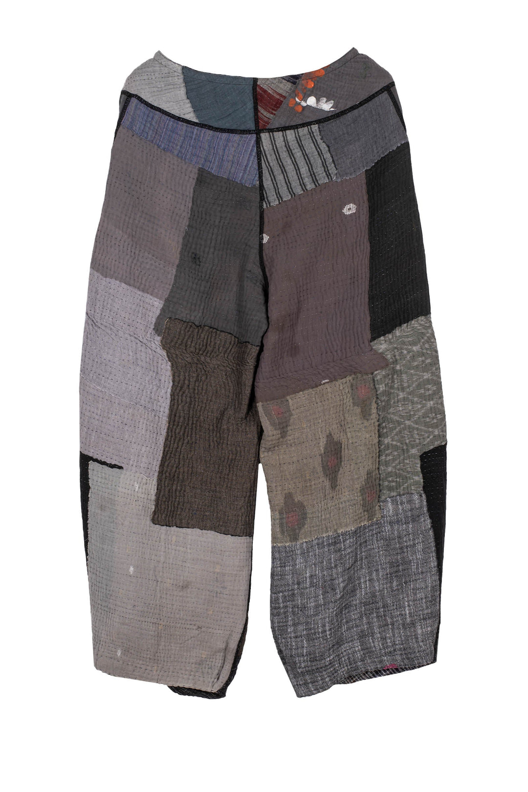 WOVEN IKAT & FRAYED PATCH KANTHA  KNEE TUCKED PANTS - wk4625-gry -