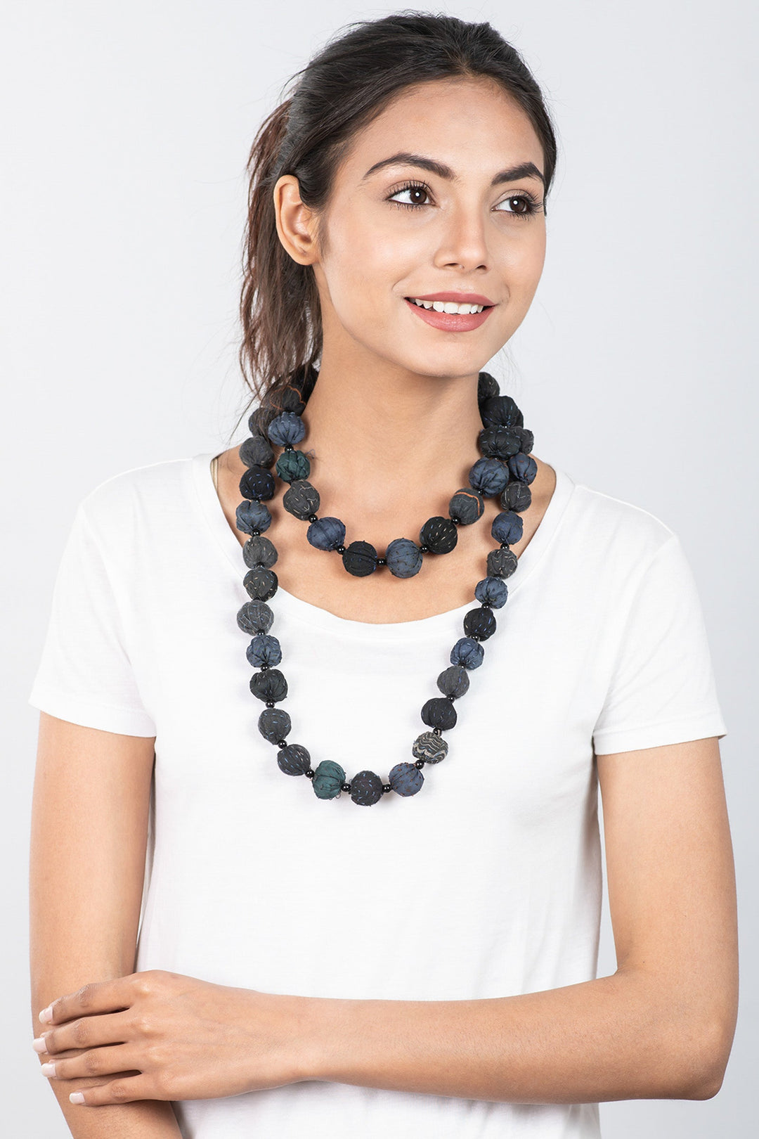 COTTON SILK SW PATCH KANTHA SMALL NUTS LONG NECKLACE - ws2706-blk -
