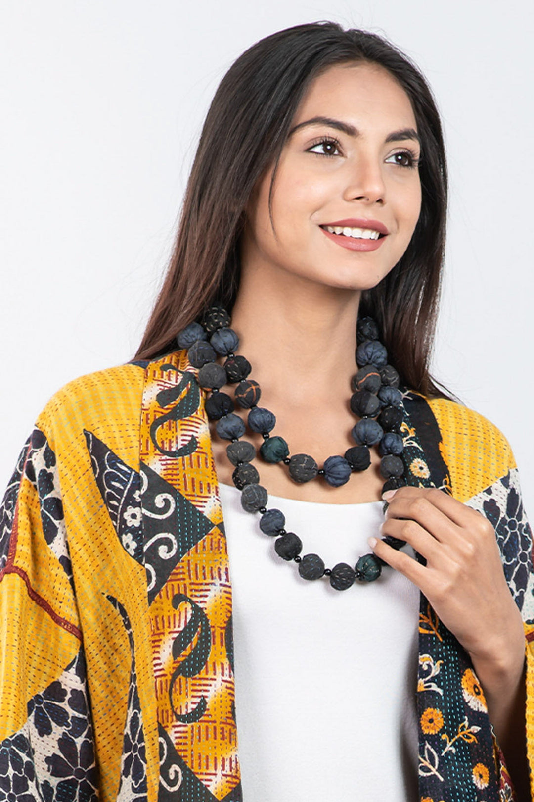 COTTON SILK SW PATCH KANTHA SMALL NUTS LONG NECKLACE - ws2706-blk -