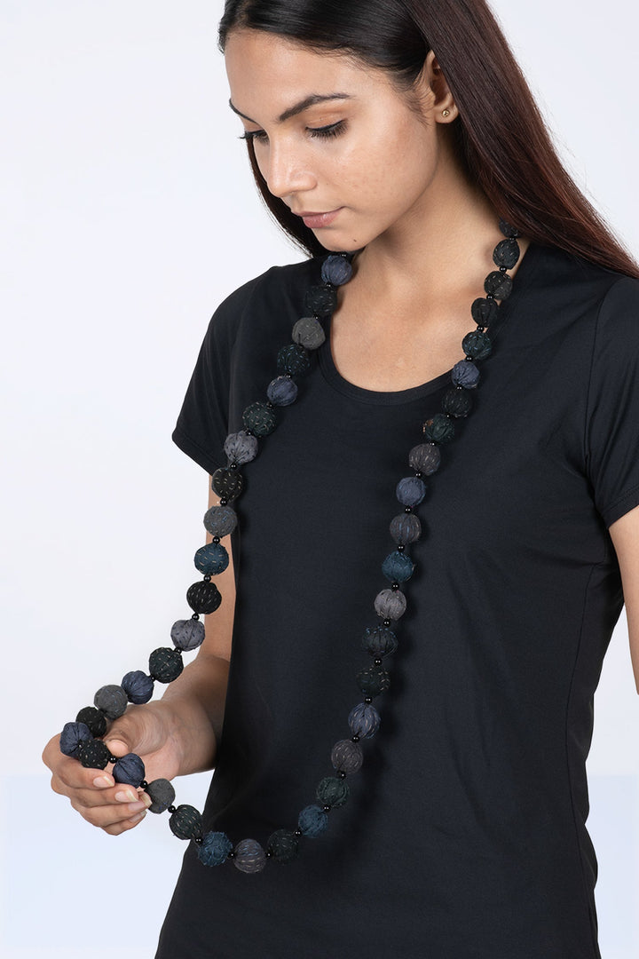 COTTON SILK SW PATCH KANTHA SMALL NUTS LONG NECKLACE - ws2706-blk -