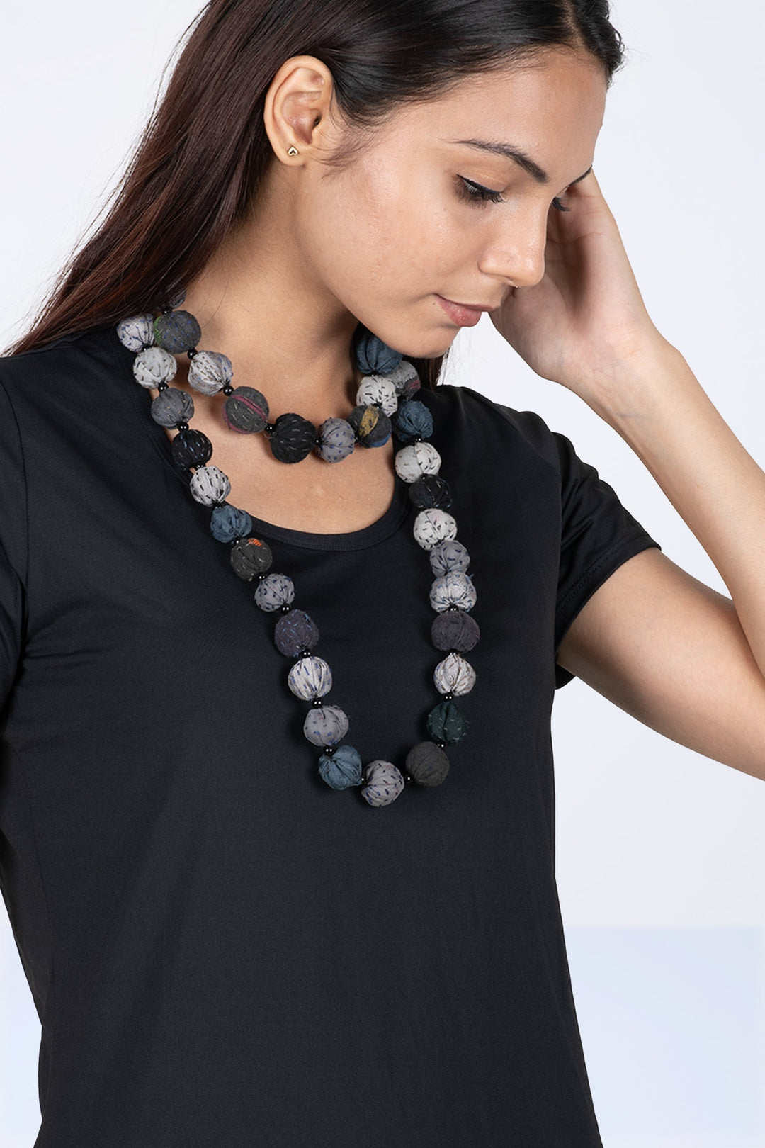 COTTON SILK SW PATCH KANTHA SMALL NUTS LONG NECKLACE - ws2706-gry -