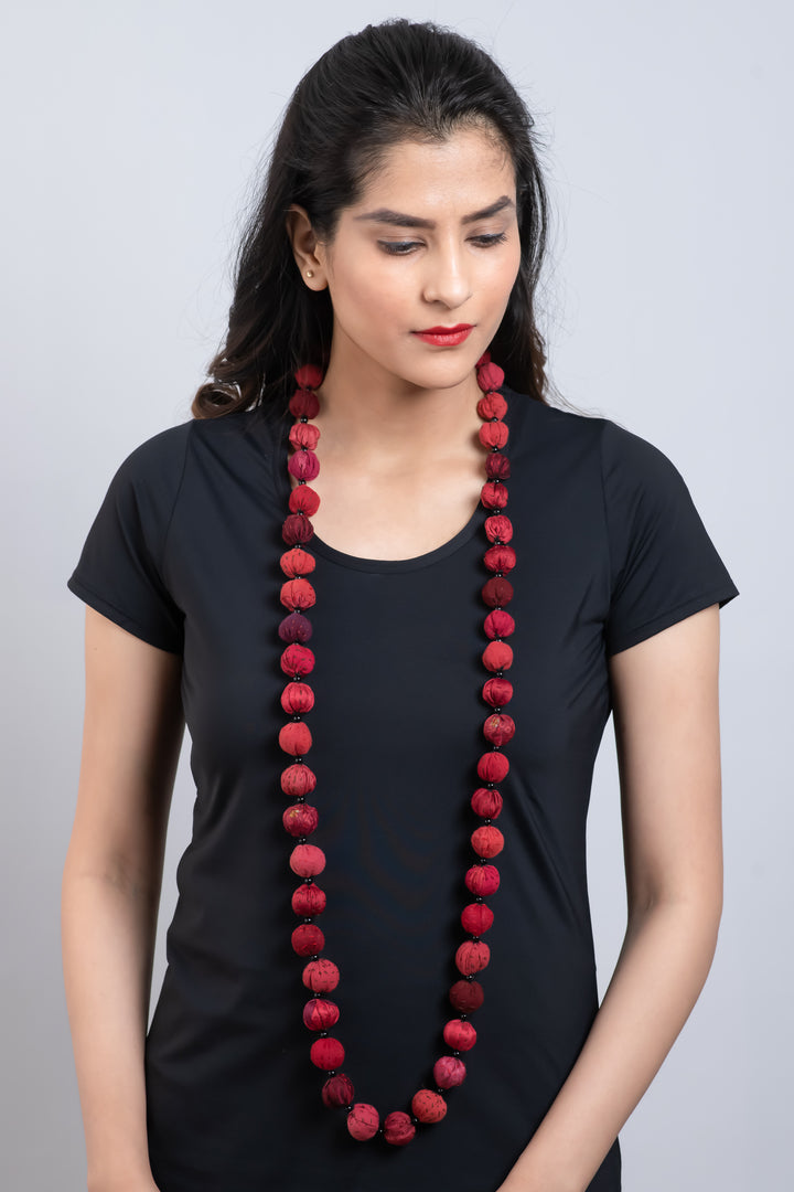 COTTON SILK SW PATCH KANTHA SMALL NUTS LONG NECKLACE - ws2706-red -