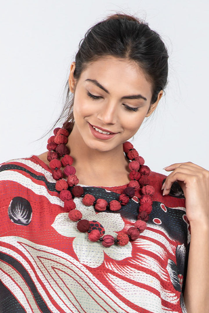 COTTON SILK SW PATCH KANTHA SMALL NUTS LONG NECKLACE - ws2706-red -