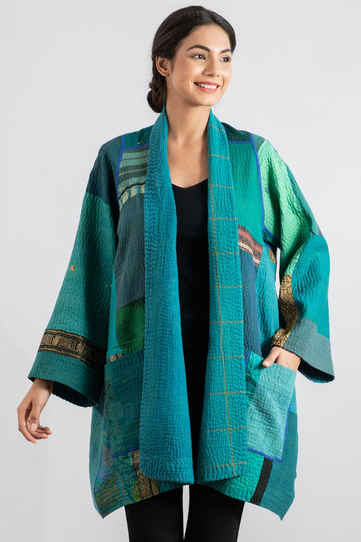 COTTON SILK SW PATCH KANTHA A-LINE JKT - ws4003-tel -