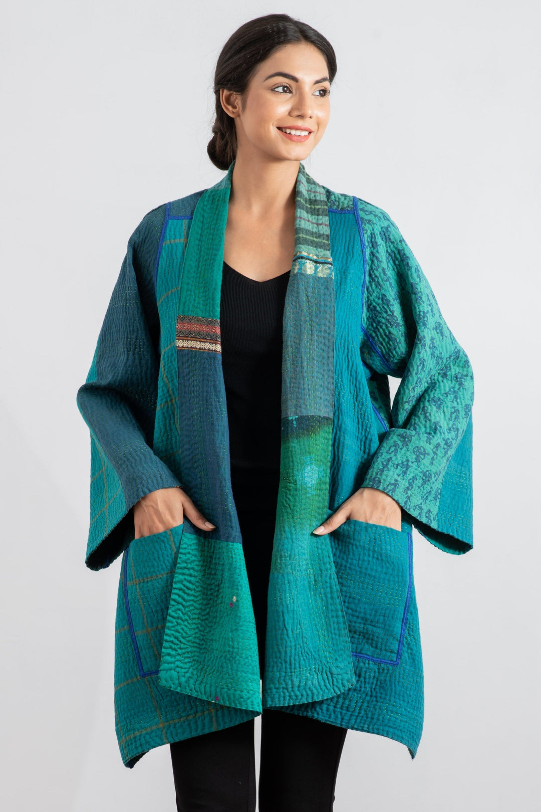 COTTON SILK SW PATCH KANTHA A-LINE JKT - ws4003-tel -