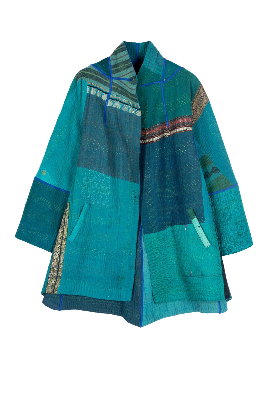 COTTON SILK SW PATCH KANTHA FLARE LONG JKT - ws4021-tel -