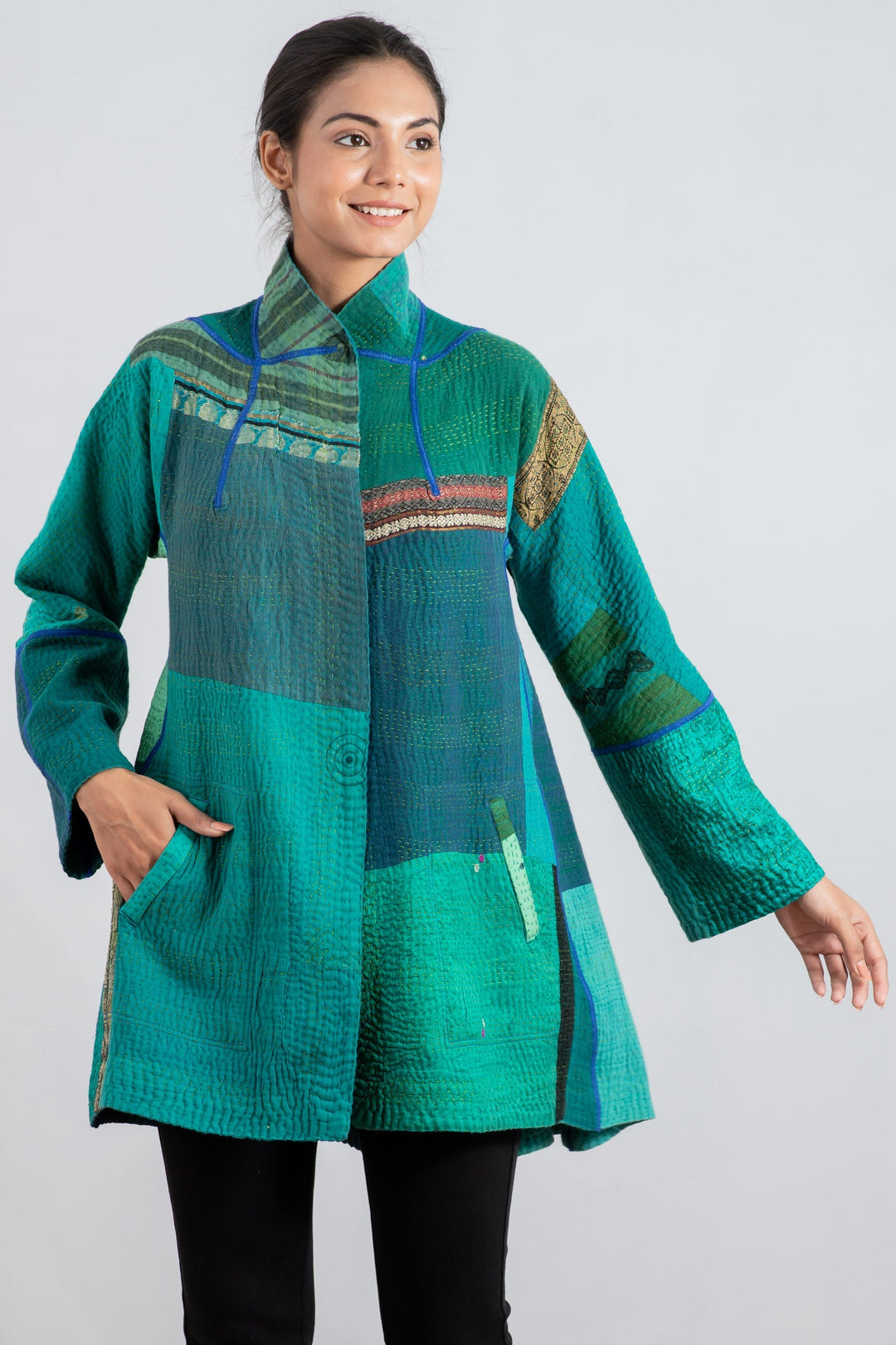 COTTON SILK SW PATCH KANTHA FLARE LONG JKT - ws4021-tel -