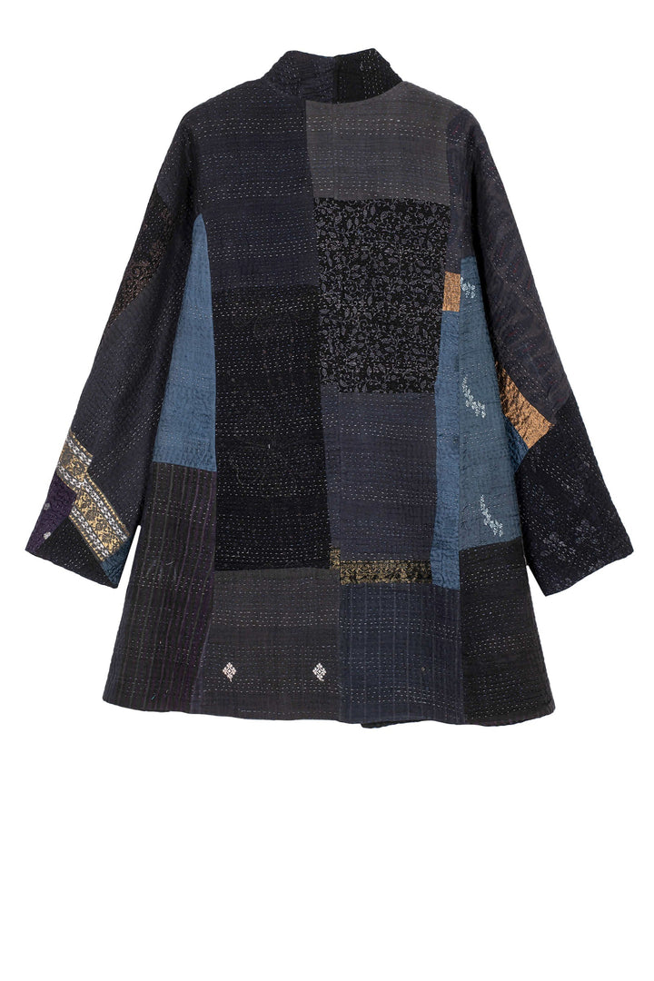 COTTON SILK SW PATCH KANTHA HIGH-NECK TOPPER - ws4045-blk -