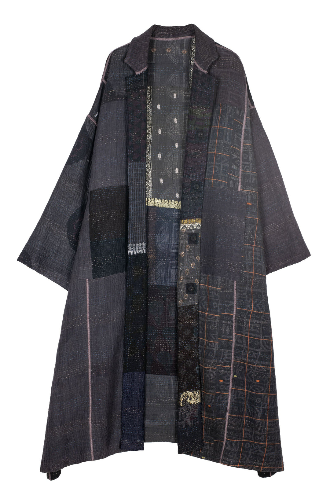 COTTON SILK SW PATCH KANTHA OVERSIZED COAT - ws4326-blk -